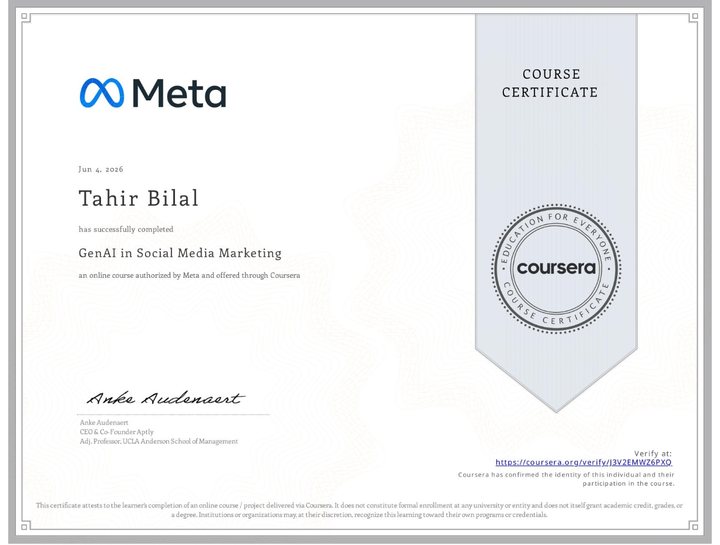 Course certificate: GenAI in Social Media Marketing, Meta, issued to Tahir Bilal
