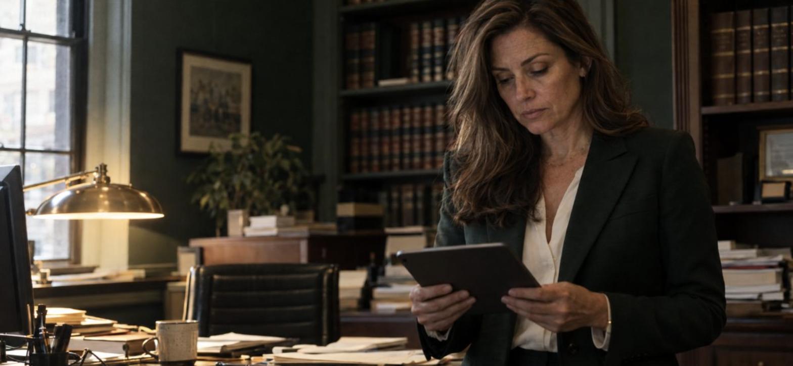A lawyer reading on a tablet in a dark green panelled office lined with law books.