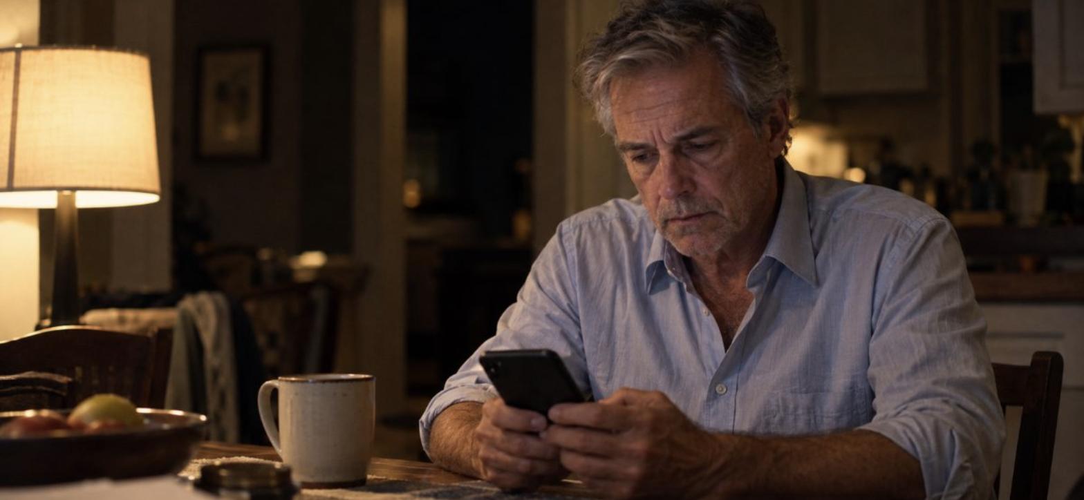 A man at a kitchen table at night reading something on his phone.