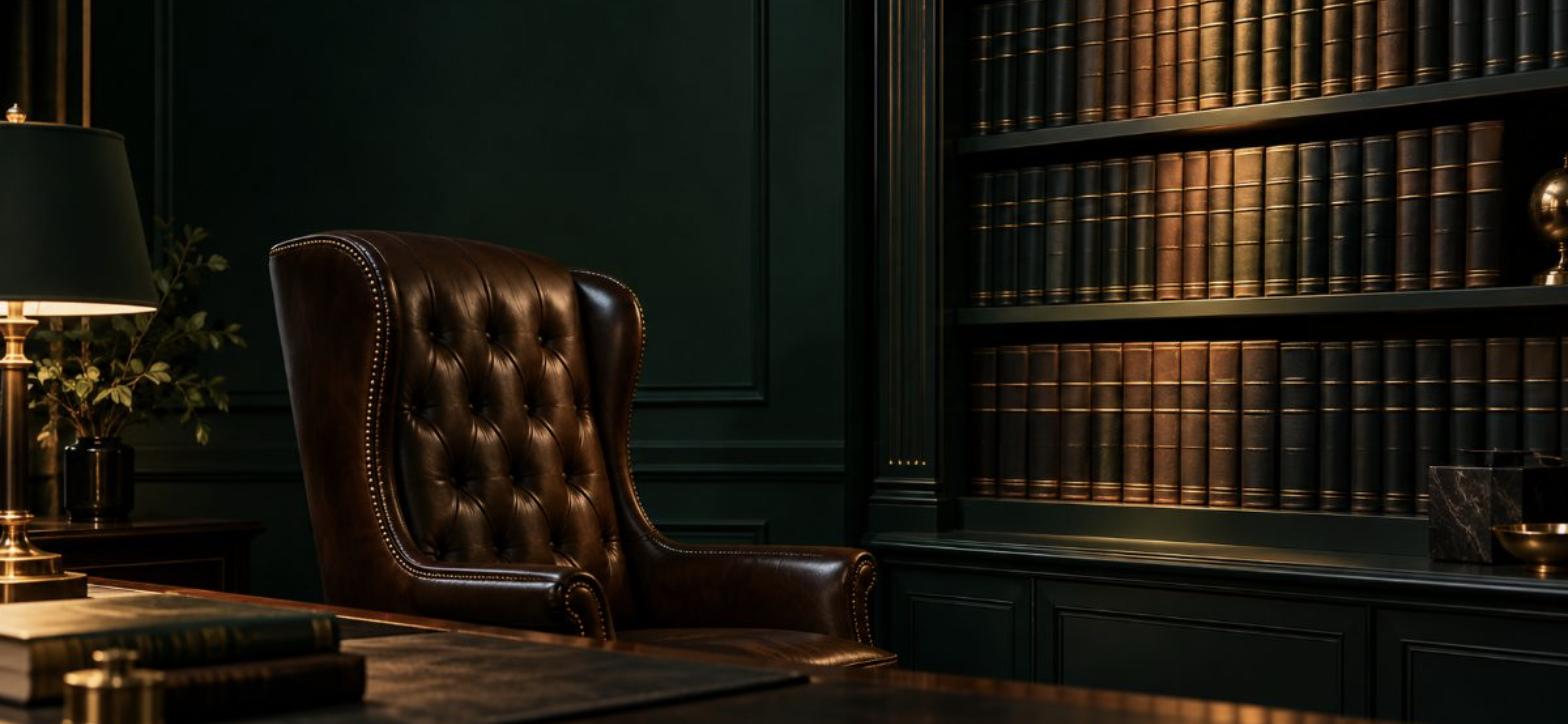 An empty leather chair beside a wall of law books in a dark green office.