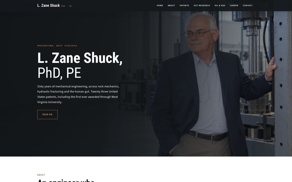 Personal brand website built for L. Zane Shuck, PhD, PE