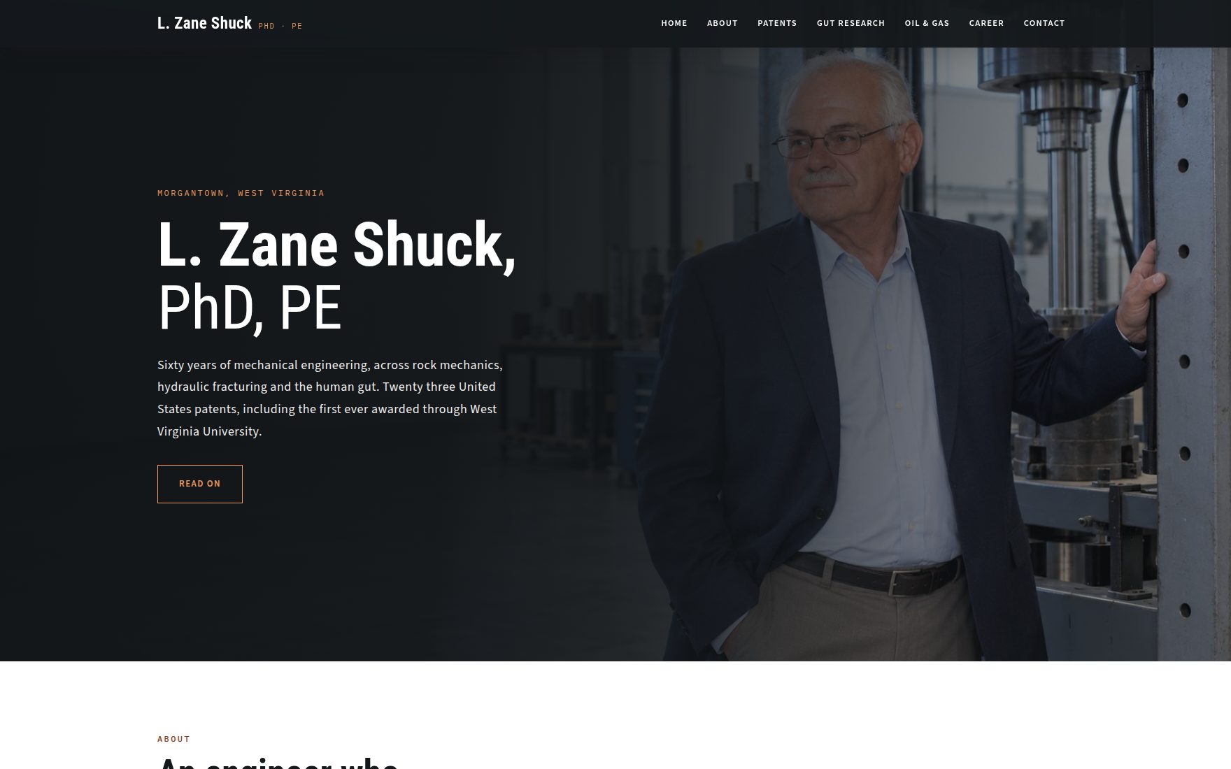 Website built for L. Zane Shuck, PhD, PE